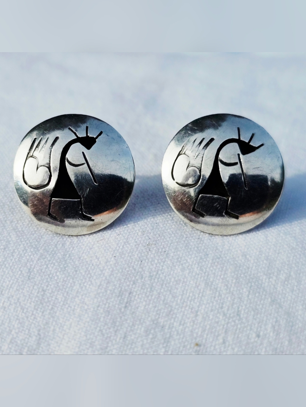 Vintage Kokopelli engraved silver disc stud earrings with Southwestern tribal